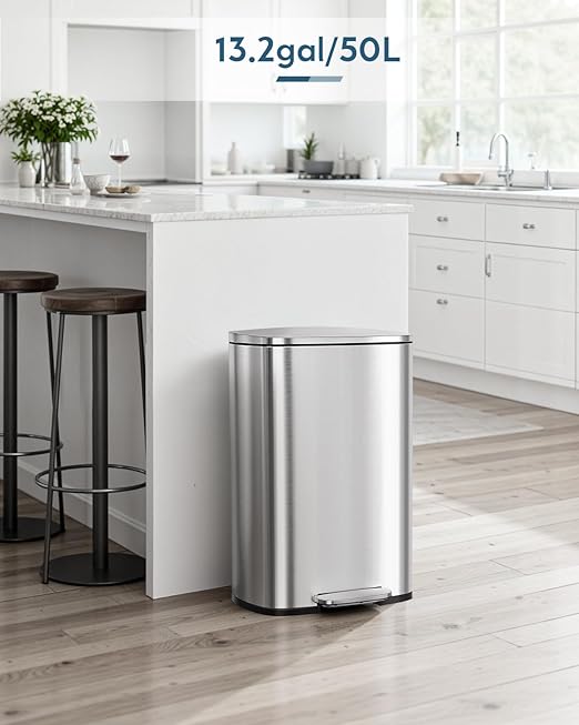 Arlopu 13.2+1.3 Gallon Step Trash Can, Stainless Steel Garbage Bin, Soft-Close Rubbish Bin with Removable Plastic Inner Bucket, Fingerprint-Proof, Lid Dustbin, for Kitchen Home (Silver)
