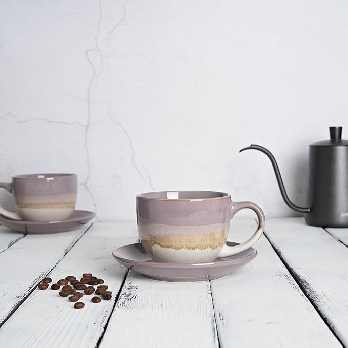 Bosmarlin Ceramic Cappuccino Cup and Saucer Set of 2, 10 Oz, Coffee Cups for Latte, Espresso, Tea, Dishwasher and Microwave Safe (Purple)