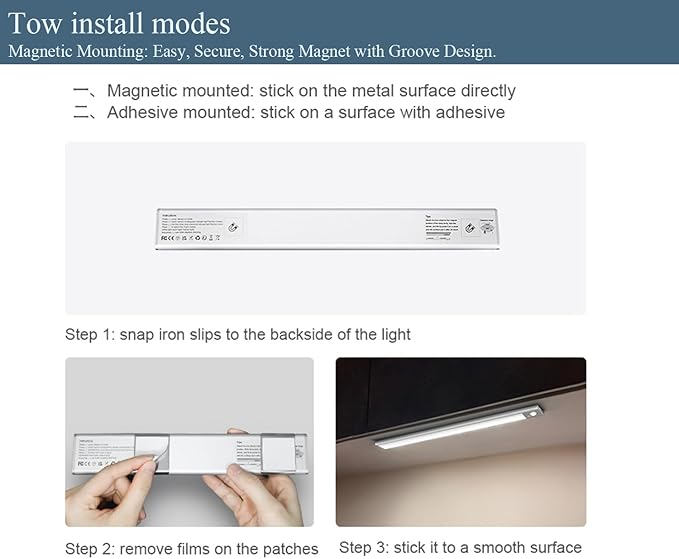 TECHNOVA Wireless Under Cabinet Lighting with Motion Sensor - 2-Pack Rechargeable LED Closet Lights for Kitchen, Bathroom, Bedroom