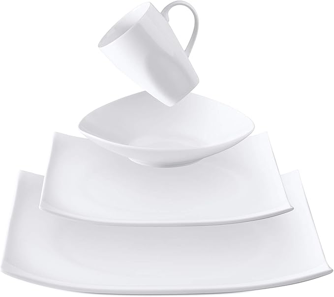 Bone China Square Shape, Elegance White 16pc Dinnerware Set