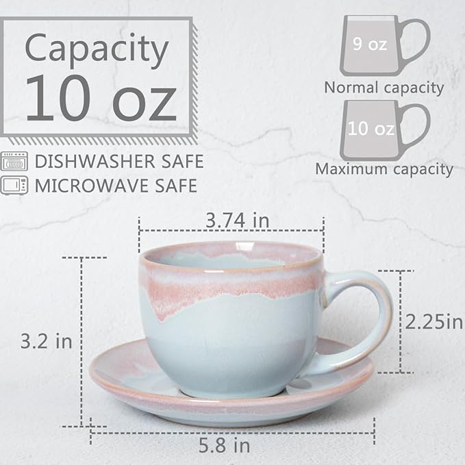 Bosmarlin Ceramic Cappuccino Cup and Saucer Set of 2, 9 Oz, Coffee Cups for Latte, Espresso, Tea, Dishwasher and Microwave Safe, Reavtive Glaze (Purple)