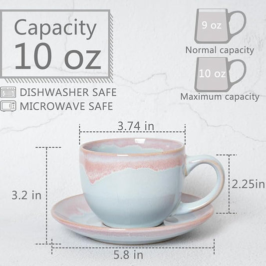 Bosmarlin Ceramic Cappuccino Cup and Saucer Set of 2, 9 Oz, Coffee Cups for Latte, Espresso, Tea, Dishwasher and Microwave Safe, Reavtive Glaze (Purple)