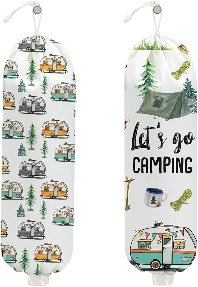 2PCS Camping Plastic Bag Holder, Wall Mount Grocery Bag Holder for Storage bag, Camper Accessories for Inside Storage Organizer Reusable Grocery Bags, Pull Rope Free Adjustment, Gifts for Women Mom