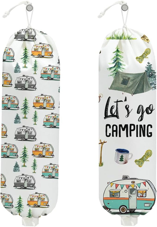 2PCS Camping Plastic Bag Holder, Wall Mount Grocery Bag Holder for Storage bag, Camper Accessories for Inside Storage Organizer Reusable Grocery Bags, Pull Rope Free Adjustment, Gifts for Women Mom