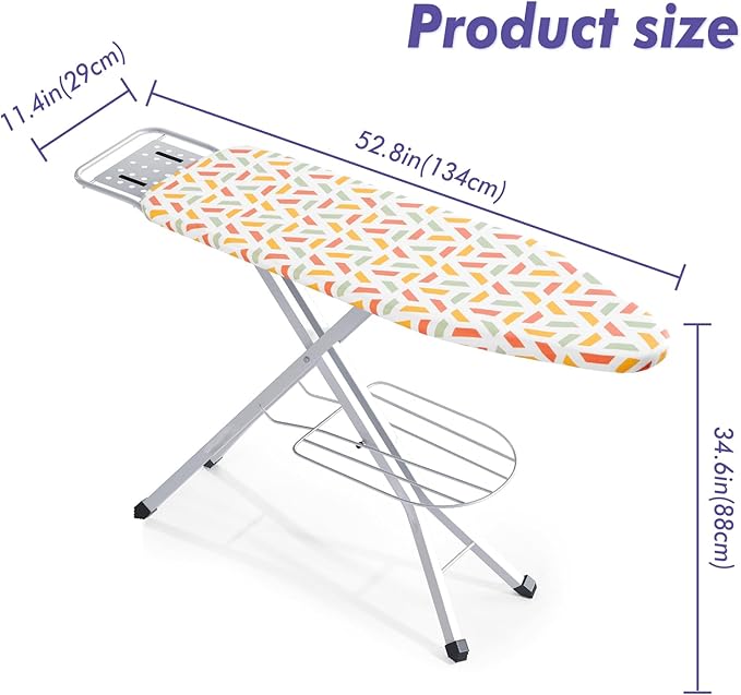 Ironing Board, Heat Resistant Cover Iron Board with Steam Rest, Non-Slip Foldable Ironing Stand. Heavy Sturdy Metal Frame Legs Iron Stand(13 * 34 * 53 Inches) (Geometric White)