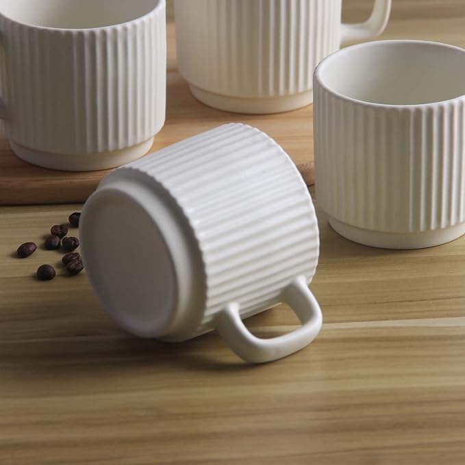 Stackable Coffee Mugs Set of 4, 7 OZ Espresso Ceramics Cups for Latte Cappuccino Cocoa with Handle, Beige