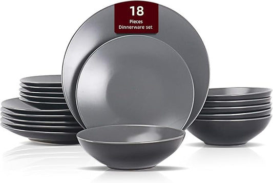 Stoneware Two-Tone Colors Life 18pc Dinner Set, Outside Shiny Black + Inside Matte Glaze Warm Grey