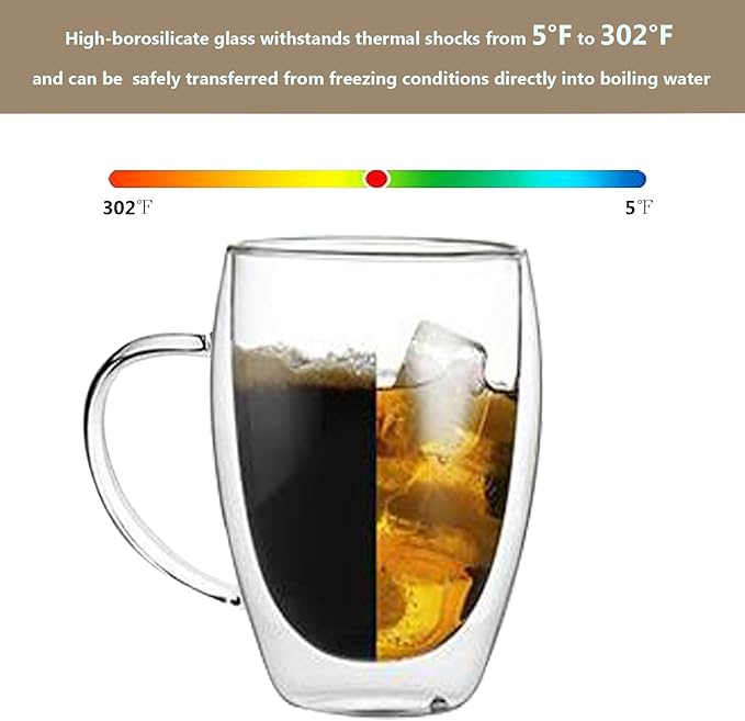 DINGPAl 4 Pack Double Wall Glass Coffee Mugs, 12 oz Walled Insulated Cappuccino Mug Heat Resistant Borosilicate Glass Coffee Cups with Handle and Spoon for Latte, Espresso, Americano, Hot/Cold Drink