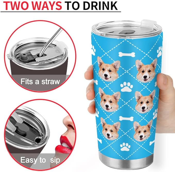 FunStudio Personalized Dog Face Tumbler with Pictures Puppy Pet Paw Custom Tumblers Coffee Travel Mug Cup Gift for Men Women, 20 Oz Insulated Stainless Steel