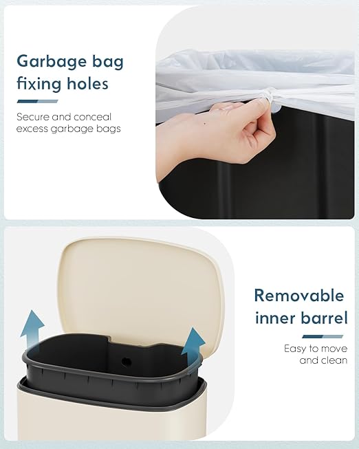 Arlopu 13.2+1.3 Gallon Step Trash Can, Stainless Steel Garbage Bin, Soft-Close Rubbish Bin with Removable Plastic Inner Bucket, Fingerprint-Proof, Lid Dustbin, for Kitchen Home (Beige)