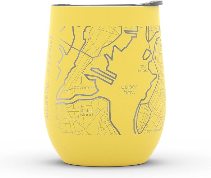 Well Told Engraved Brooklyn New York Map Insulated Wine Tumbler, Etched Stainless Steel Cup (12 oz, Sunrise Yellow) City Map Insulated Tumbler, Custom Insulated Tumbler, Outdoor Drinkware