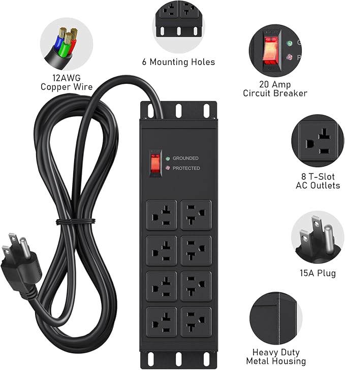 JUNNUJ Heavy Duty 20 Amp Surge Protector 4800J, Garage Metal 8 Outlets 12 Gauge, High Amp 5-15P Adapter Shop 6-20R T-Slot Industrial Outlet, 10 FT Extension Cord Commercial for Appliance