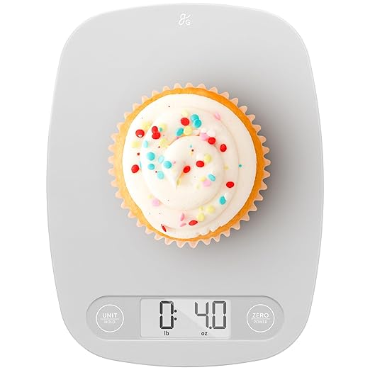 Greater Goods Slim Digital Kitchen Scale 11lb/5kg – Compact Food Scale with 1g Increments for Everyday Cooking, Baking & Meal-Prep, Lightweight Plastic Design, Non-Backlit Display, Battery Included