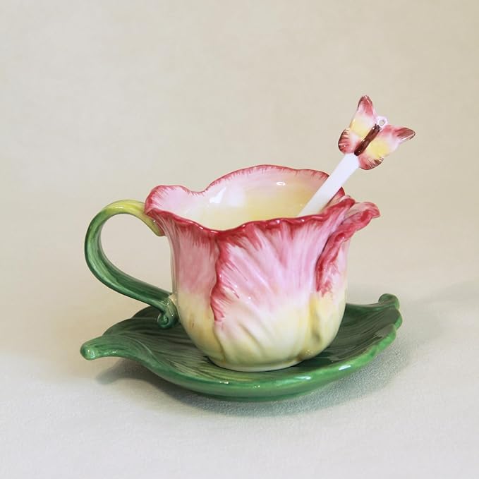 Ceramic Tea Cup and Saucer Set ，6OZ 3D Hand-Painted Flower Coffee Mug，Gift for Women -Pink Tulip