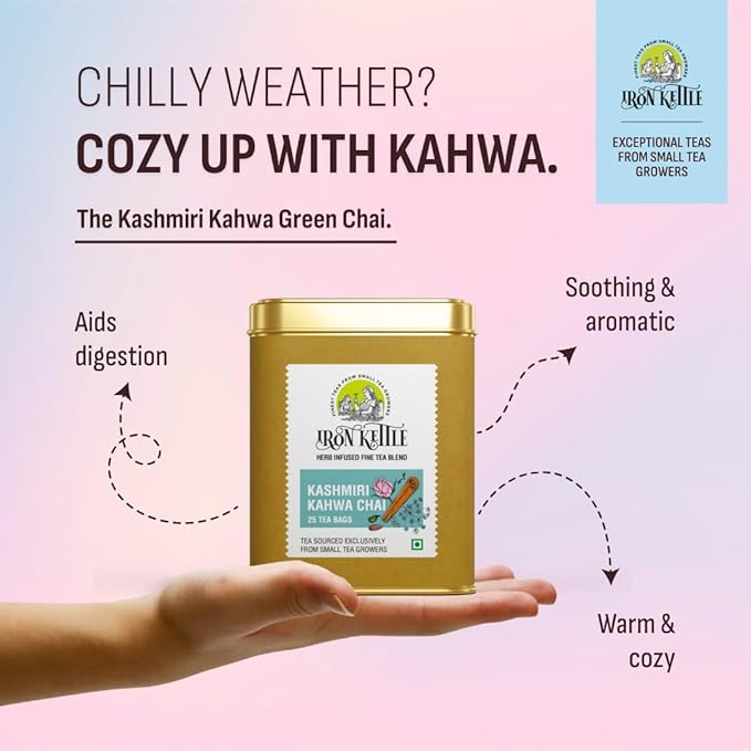 Iron Kettle Kashmiri Kahwa Green Tea | High Grown Tea blended with spices for perfect aromatic detox | Sourced exclusively from small tea growers with higher fine leaf count | 25 Tea Bags
