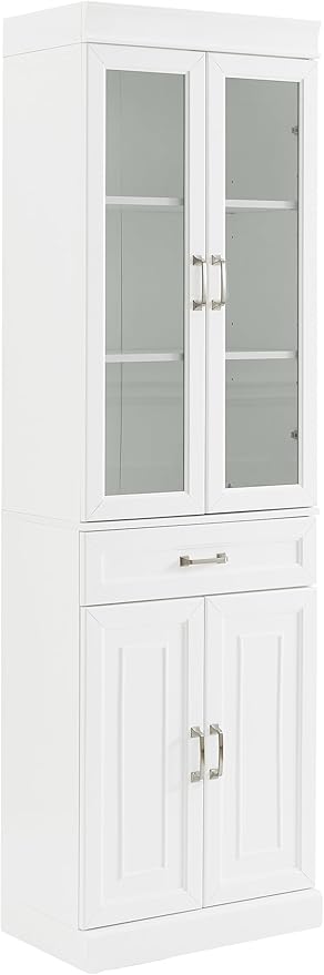Crosley Furniture Stanton Glass Door Pantry Storage Cabinet with Shelves, Kitchen, Dining, or Laundry Room, White
