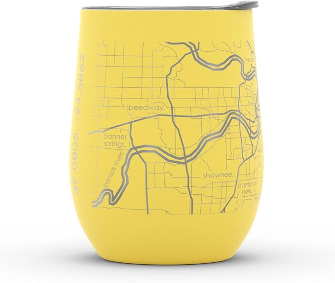Well Told Engraved Kansas City Missouri Map Insulated Wine Tumbler, Etched Stainless Steel Cup (12 oz, Sunrise Yellow) City Map Insulated Tumbler, Custom Insulated Tumbler, Outdoor Drinkware