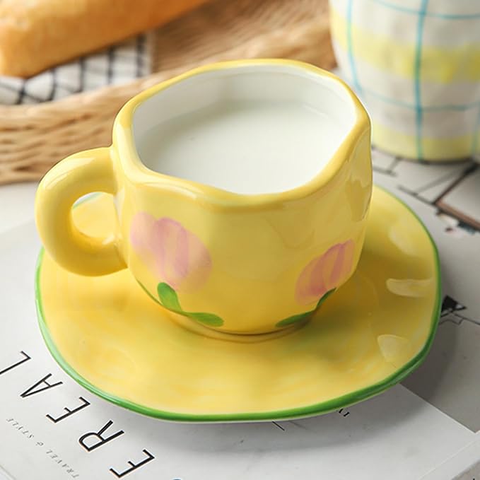 Coffee Mugs Set with Saucer Cute Yellow Tulip Cup Gifts Tea Coffee Mug 250 ML Ceramic Flowers Cup Birthday Gift for Women Girls Mom Friend Coffee Mug