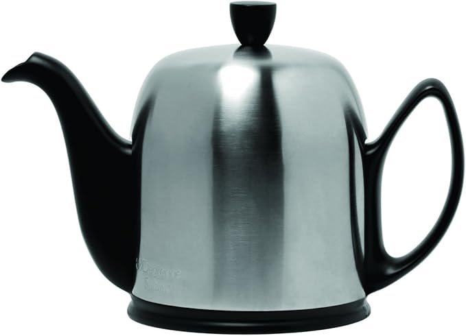 Degrenne Luxury French Tea Pot - Porcelain Teapot with Removeable Aluminum Infuser, Ceramic Tea Kettle for Loose Tea, Stainless Steel Cover, 6 Cup Capacity, 36oz - Stainless Steel