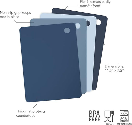 Tovolo Elements Flexible Cutting Mats, Large Kitchen Mat Set of 4 Assorted Colors, Food Meal Prep Flexible Cutting Boards for Kitchen, BPA-Free Plastic Cutting Board, Dishwasher-Safe Cutting Mats