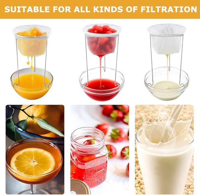 Jelly & Juice Strainer Kit: 3 Stable Stands, 5 Durable Mesh Bags & 12 Labels | Pulp-Free Canning & Nut Milk – Quick Straining for Home Cooks & Enthusiasts