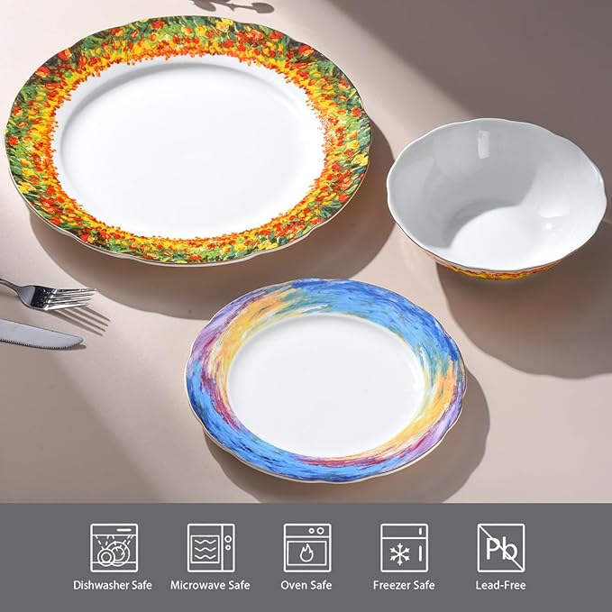 Exquisite ceramic tableware 3 Piece Bone China Modern Round Dishes Sets,Dinnerware dishset for Kitchen,Dinner Plate,Dessert Plate,Soup Bowl,Colorful flowers