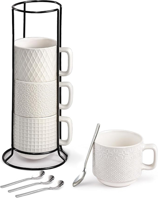 Stackable Coffee Mug Set of 4 with Stand, 10oz Ceramic Cups with Spoons – Ribbed Porcelain Mugs for Tea, Latte, Cappuccino – Microwave & Dishwasher Safe – Gift for Home & Office Use (White)