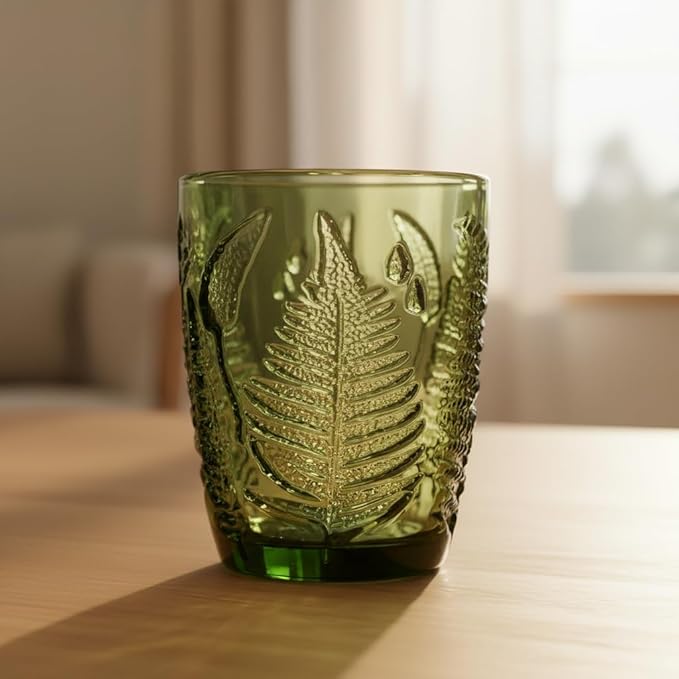 Vintage Green Drinking Glasses Set of 8 – 10 oz Embossed Textured Glass Cups, Retro Style Colored Drinkware for Water & Cocktails, Durable Decorative Kitchen Glassware, Unique and Cute Hostess Gift