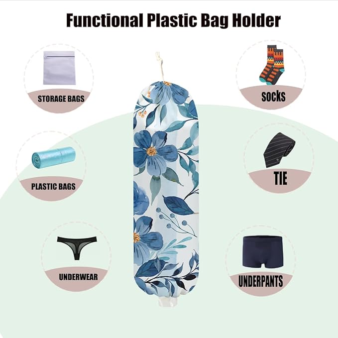 Flowers Plastic Bag Holder 22.5x9 Inch, Blue Floral Wall Mount Grocery Bag Holder for Plastic Bags, Washable Grocery Bags Storage Dispenser for Home Kitchen Pantry Decor, Flower Gifts for Women