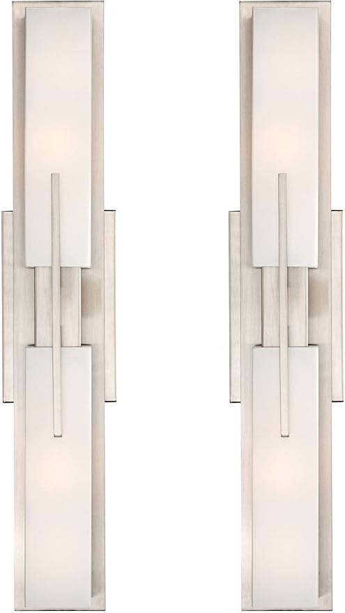 Possini Euro Design Midtown Modern Wall Lights Set of 2 Satin Nickel Silver Metal Hardwired 4 1/2" Fixture White Glass Shade for Bedroom Bathroom Vanity Living Room Home Hallway Dining Kitchen