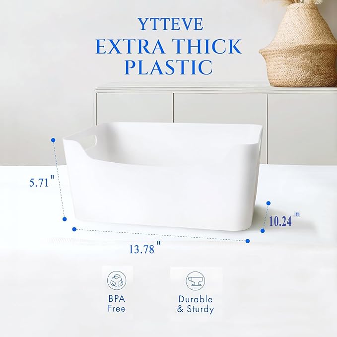 large- 3 pack White Plastic Storage Bins for Shelves, Closet Kitchen Storage Containers for Pantry Bathroom Office Organization Baskets, Cabinet Organizing Containers, White Organizer Bins for Shelves