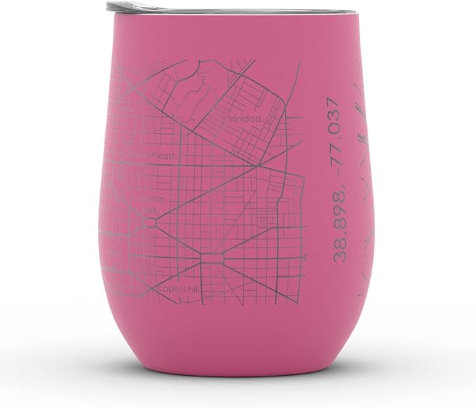 Well Told Engraved Washington DC Map Insulated Wine Tumbler, Etched Stainless Steel Cup (12 oz, Sunset Pink) City Map Insulated Tumbler, Custom Insulated Tumbler, Outdoor Drinkware