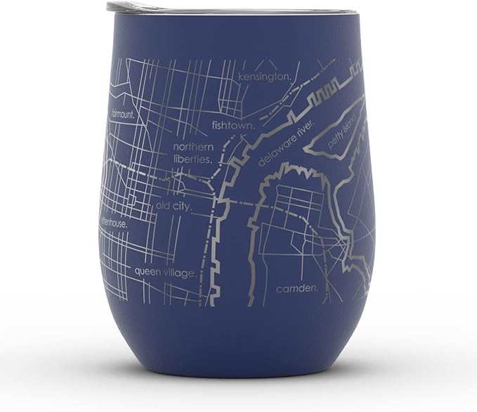 Well Told Engraved Philadelphia Pennsylvania Map Insulated Wine Tumbler, Etched Stainless Steel Cup (12 oz, Midnight Blue) City Map Insulated Tumbler, Custom Insulated Tumbler, Outdoor Drinkware