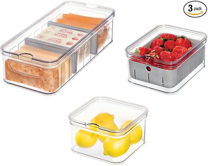 iDesign Crisp 3-Piece Recycled Plastic Refrigerator Organizer Bin Set with Lids, Clear/Gray
