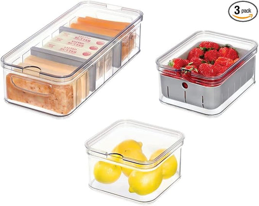 iDesign Crisp 3-Piece Recycled Plastic Refrigerator Organizer Bin Set with Lids, Clear/Gray