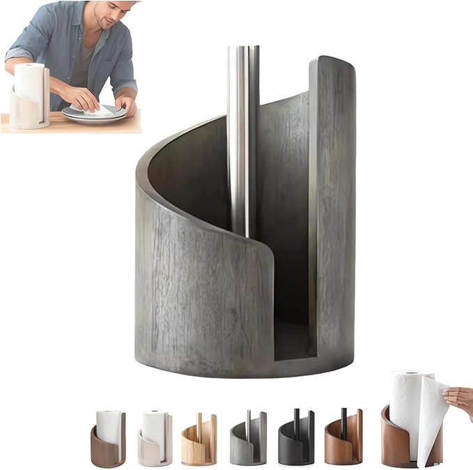 Mountain Paper Towel Holder, 2026 New Wooden Mango Wood Stand with Iron Base, One-Handed Operation, Fits Jumbo Rolls, Modern Countertop Towel Holder for Kitchen & Bathroom (Gray)