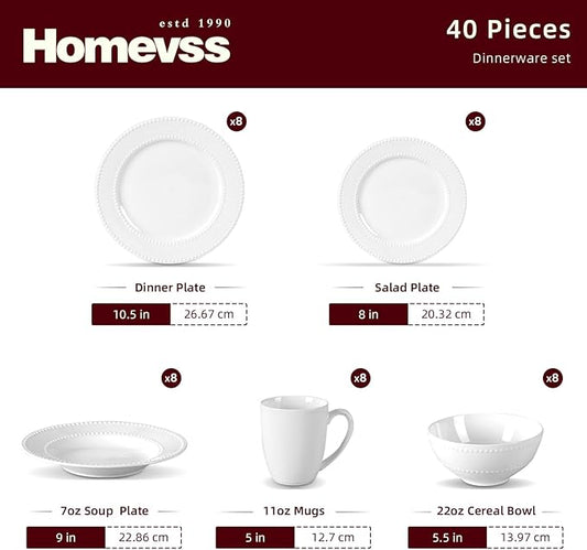 HomeVss, New Bone China Dinnerware Set, Embossed Pearl Design, 40pc Dinnerware Set