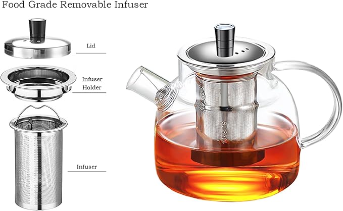 TMOST Glass Teapot with Removable Infuser, Stovetop Safe Tea Kettle blooming Loose Leaf Tea pot (33oz/1000ml)