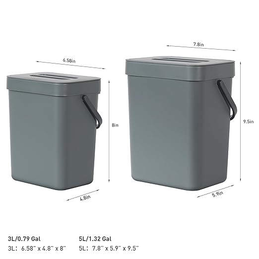 EKO Puro Mini Wall-Mounted Kitchen Trash Can with Lid Food Waste Caddy, 0.79 Gal / 3L (Grey)