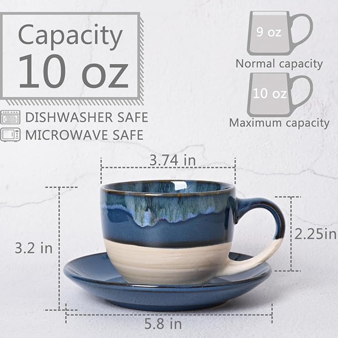 Bosmarlin Ceramic Cappuccino Cup and Saucer Set of 2, 10 Oz, Coffee Cups for Latte, Espresso, Tea, Dishwasher and Microwave Safe, Reavtive Glaze (Deep Blue)