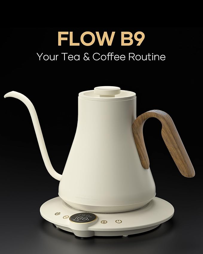 Cocinare FLOW B9 Gooseneck Electric Kettle, Precise Temperature Control for Pour-Over Coffee & Tea Brewing, Stainless Steel Interior, Rapid Heating for Boiling Water 0.9L (Morandi White)