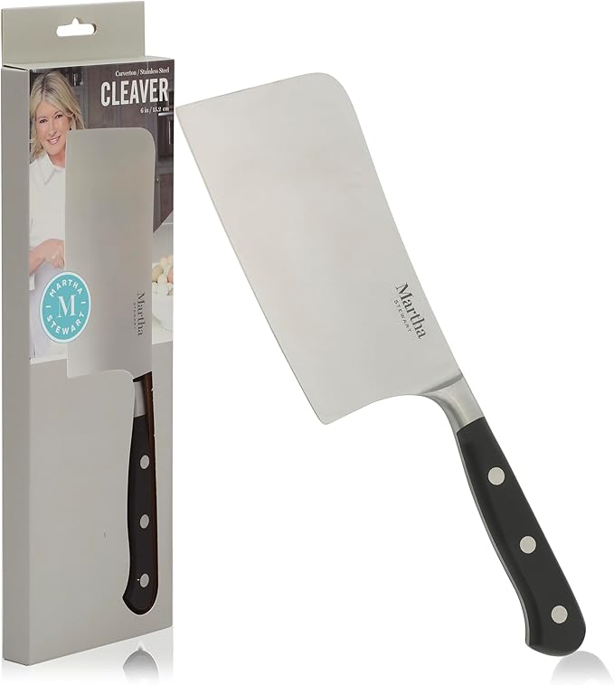Martha Stewart Carverton 6" Cleaver Knife, High Carbon Stainless Steel Kitchen Knives w/Black Triple Riveted Handle