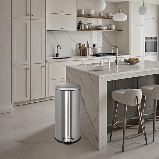 8-Gallon Trash Can, 30 Liter Stainless Steel Garbage Can, Round Trash Can with Lid, Slim Garbage can Featuring a Removable Inner Liner (Silver, 30L-Round)