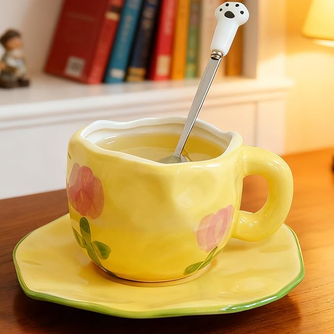 Coffee Mugs Set with Saucer Cute Yellow Tulip Cup Gifts Tea Coffee Mug 250 ML Ceramic Flowers Cup Birthday Gift for Women Girls Mom Friend Coffee Mug