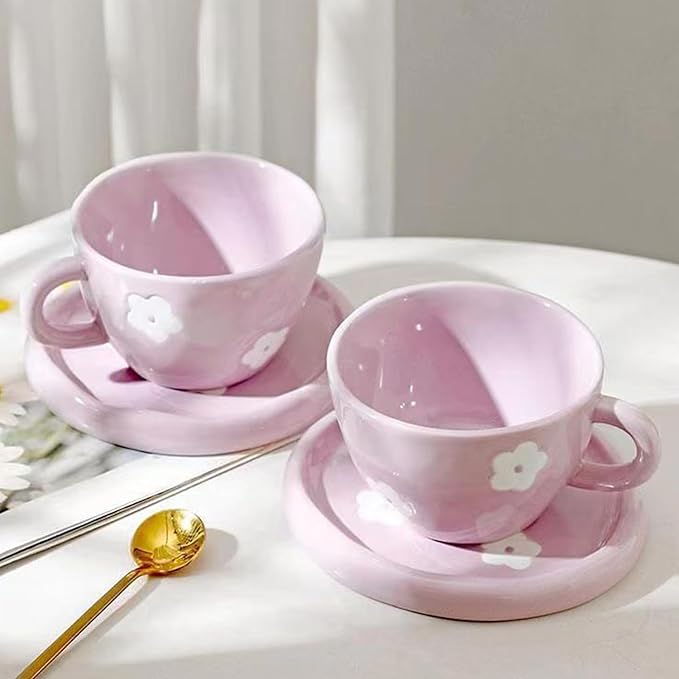 Coffee Mugs Set with Saucer Cute Purple Flowers Cup Gifts for Women for Birthday Tea Coffee Mug Saucer 250 ML Ceramic Cup Birthday Gift for Women Girls Mom Friend Coffee Mug aucer Set