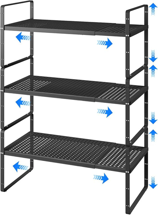 Expandable Kitchen Shelf Organizers, Kitchen Cabinet Organizer Stand Rack Organization for Countertop Cupborad Pantry, Black 3 Pack