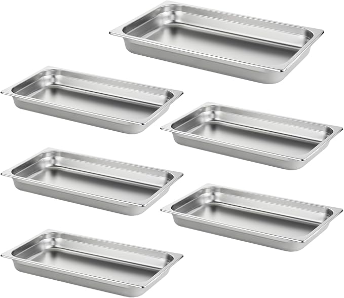 HECMAC 6 Pack Anti-Jam Hotel Pans, Full Size 2 1/2 Inch Deep, Commercial Stainless Steel Chafing Steam Table Pan, Catering Storage Metal Food Pan, 23 Gauge