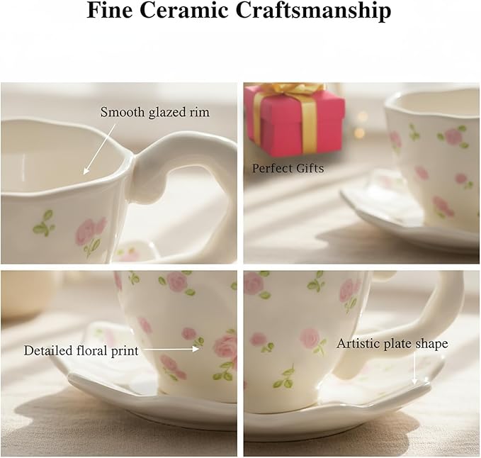 Unique Ceramic Coffee Mug, Cup and Saucer Set, Cute Fancy Girly Afternoon Tea Set Purse Gift, 5.4 oz/160 ml, Pink flowers Set of 2