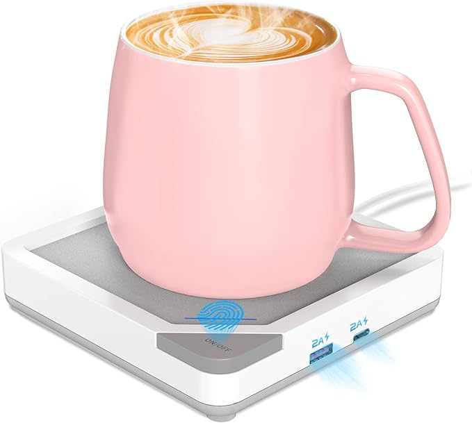Coffee Mug Warmer Set: Coffee Warmer for Desk Auto Shut Off Candle Warmer Plate Electric Beverage Coffee Cup Warmer Heated Coffee Mug for Coffee,Tea, Milk Up to 131°F/55°C, White with Pink Mug