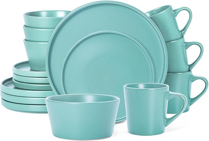 Plates and Bowls Sets for 4 - CJDC-QUELO 16 Piece Stoneware Dinnerware Sets with Mugs, Ceramic Dishware Sets for Kitchen Dining Use, Chip and Scratch Resistant Microwave Dishwasher Safe, Green